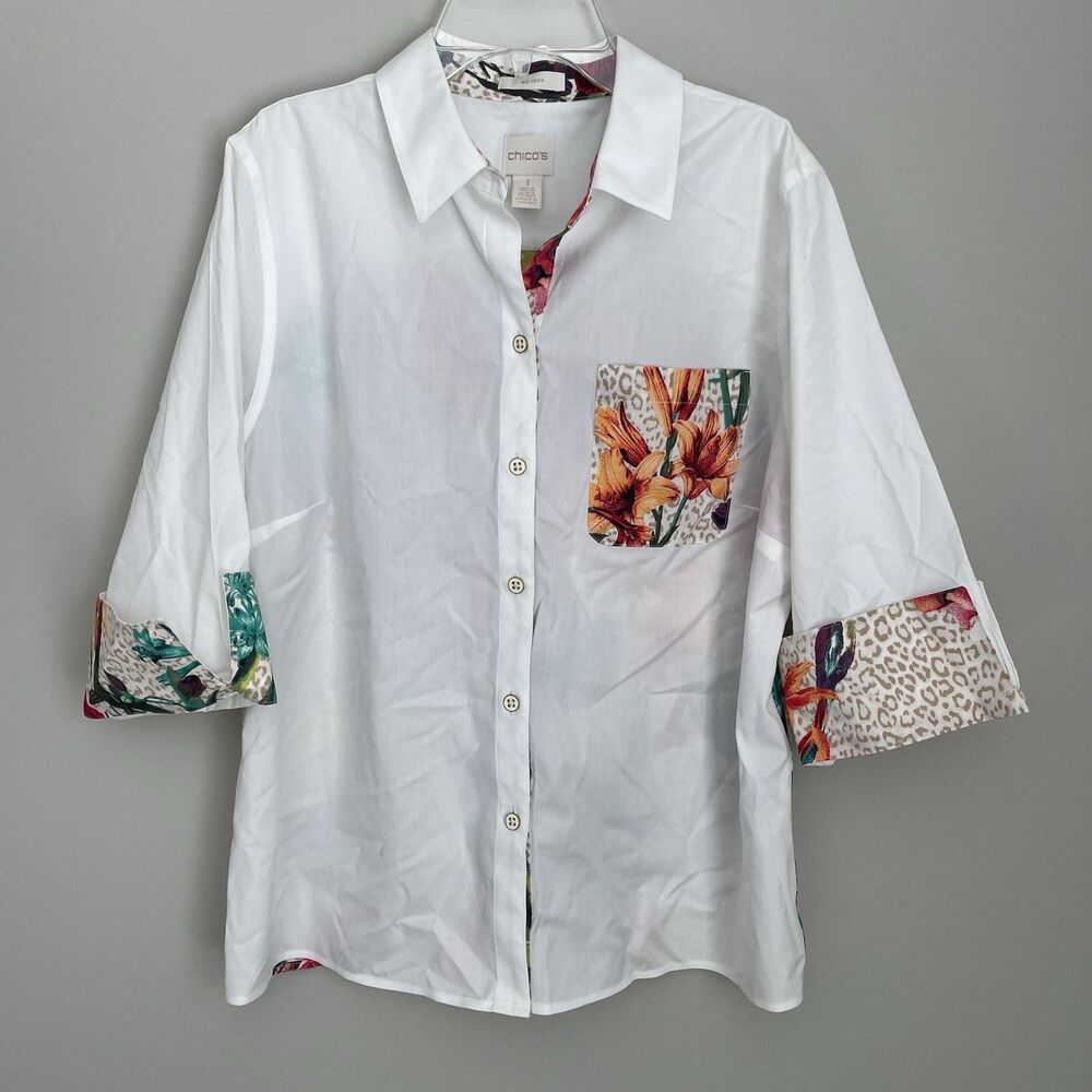 Chicos Size 1 M White Floral Pleat Back No Iron Shirt 3/4 Sleeve